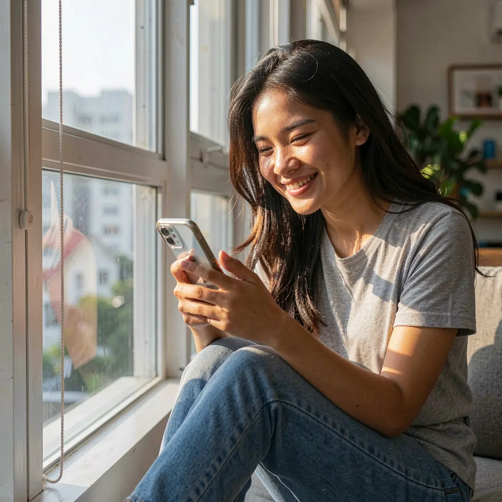 Q663 App – Enjoy fast and convenient access to casino games anytime in the Philippines Young Filipino woman smiling as she uses the Q663 mobile casino app on her phone while sitting by a sunlit window