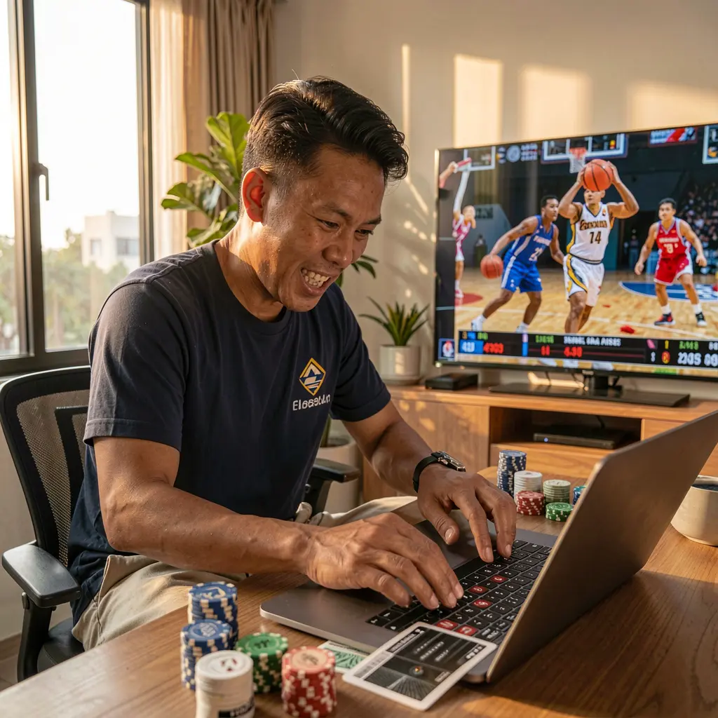 Q663 Bet – Experience thrilling live sports betting moments in the Philippines Filipino sports fan celebrating a winning moment while betting online on a laptop with Q663, watching a live basketball game on TV at home