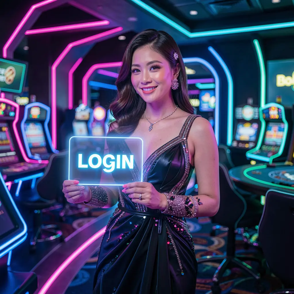 Q663 Login – Secure and fast access to your gaming account in the Philippines Confident Filipino woman holding a glowing login card in a modern casino environment showcasing secure access at Q663 Philippines