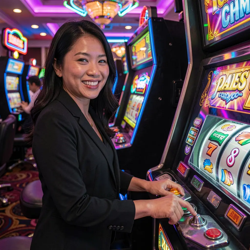Q663 Slots – Enjoy vibrant online slot games built for Filipino players Happy Filipino player enjoying colorful slot reels and bright casino lights while playing Q663 online slots in the Philippines